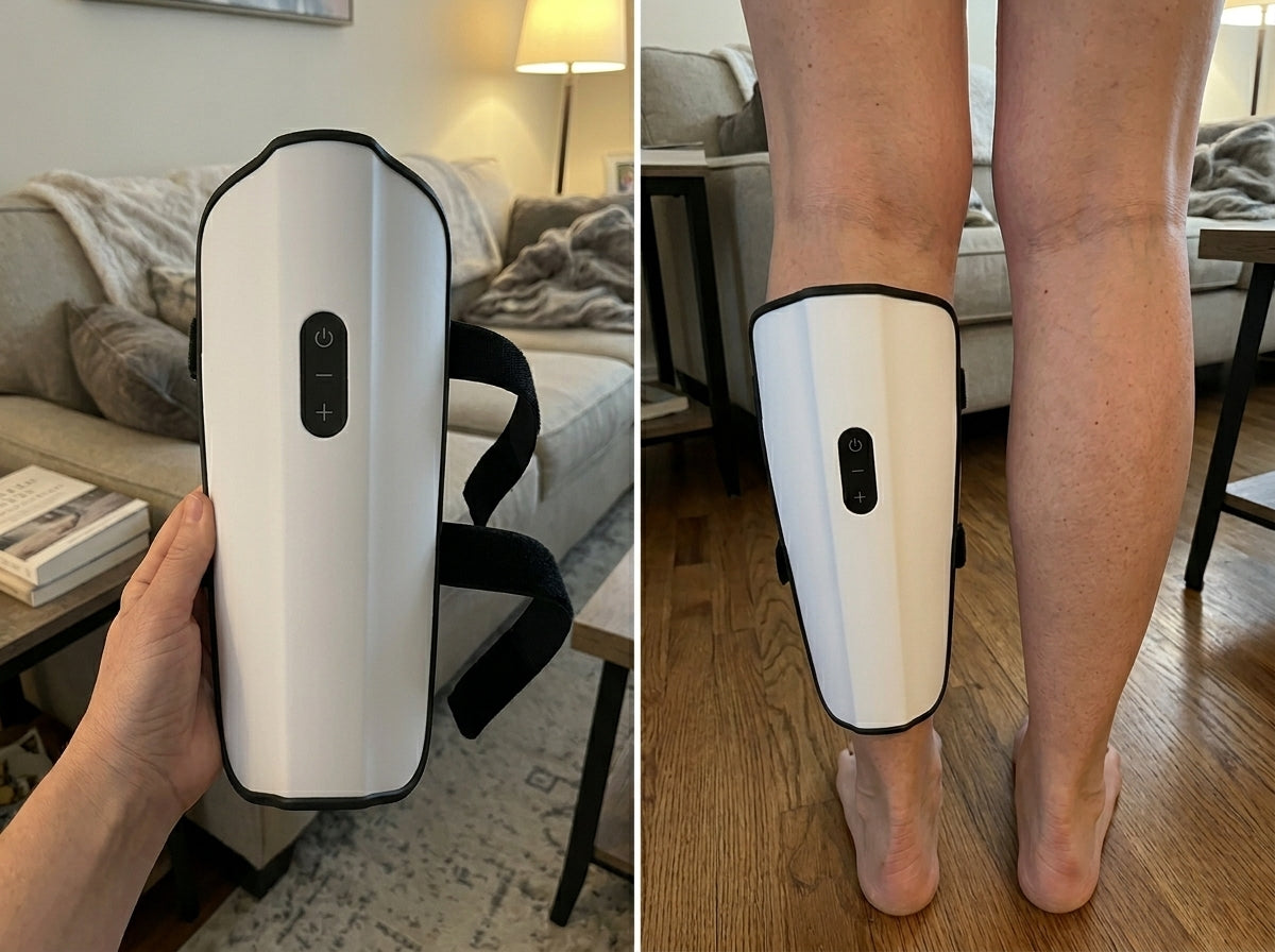 SOLEUS Calf Therapy Sleeve product unboxed on coffee table; split with Linda applying sleeve to her calf on the couch after a shift, expression of cautious hope