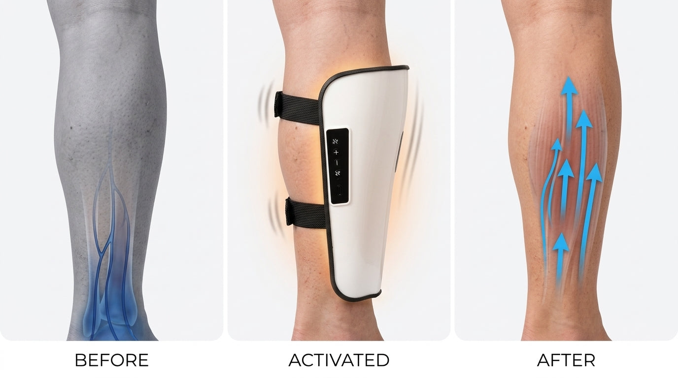 Three-panel anatomy diagram: left panel shows dormant calf with blood pooling at ankle; center panel shows SOLEUS sleeve on calf with heat and vibration activation; right panel shows active calf pump with circulation arrows moving upward