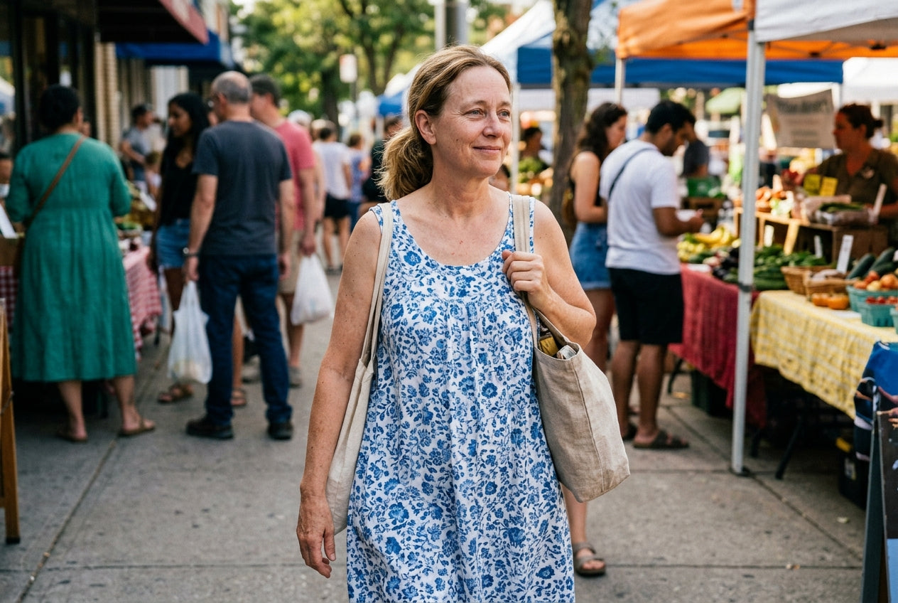 Linda (same model, light summer clothes) walking through an outdoor farmers market, easy natural stride, slight smile, no product visible — selling the restored life