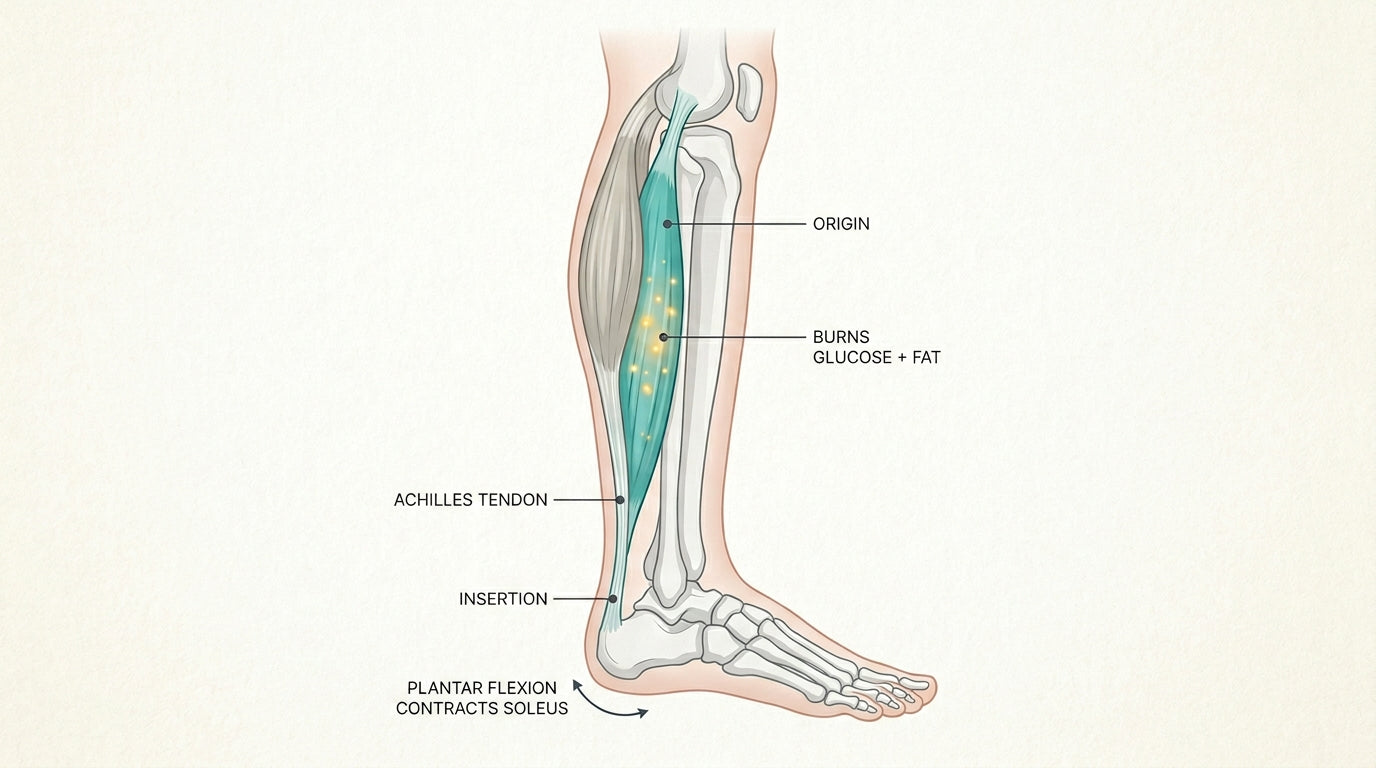 The soleus muscle. Starts in the calf. Runs through the Achilles tendon. Ends at the heel bone.