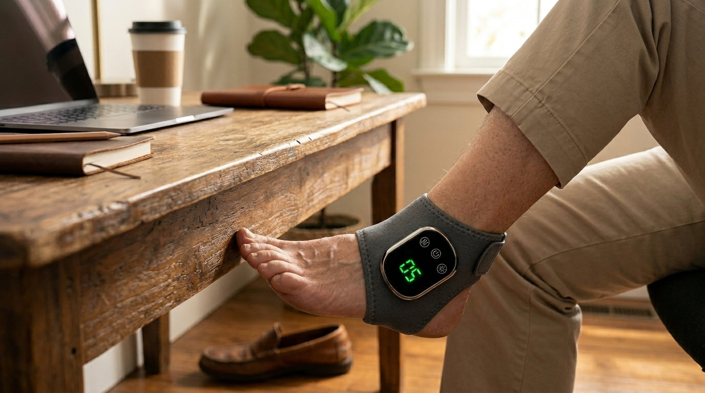 The Soleus Foot Therapy System worn on the ankle at a desk. Green digital display lit. 15-minute session running.