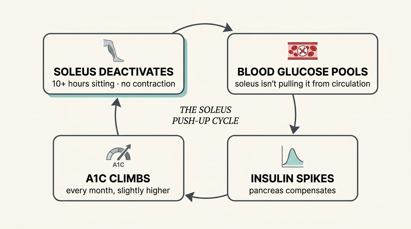 The 4-point Soleus Push-Up Cycle. Soleus shuts off. Blood sugar pools. Insulin spikes. A1C climbs.