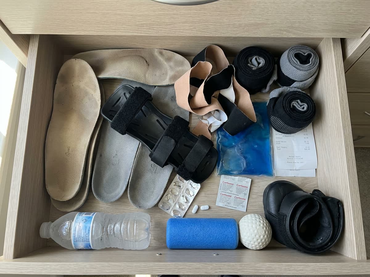 A drawer of failed work-feet remedies — orthotics, compression socks, night splint, kinesiology tape