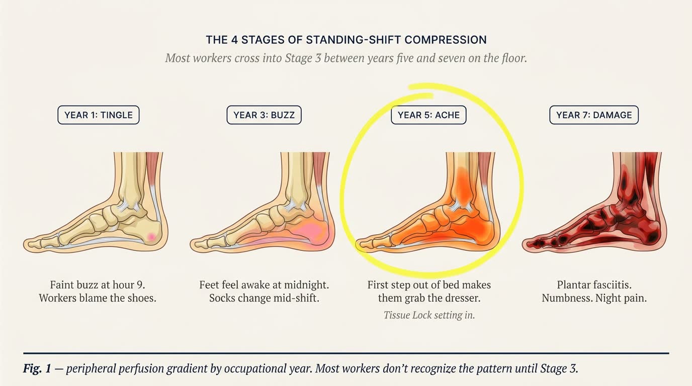 The four stages of Standing-Shift Compression — Year 1, Year 3, Year 5, Year 7