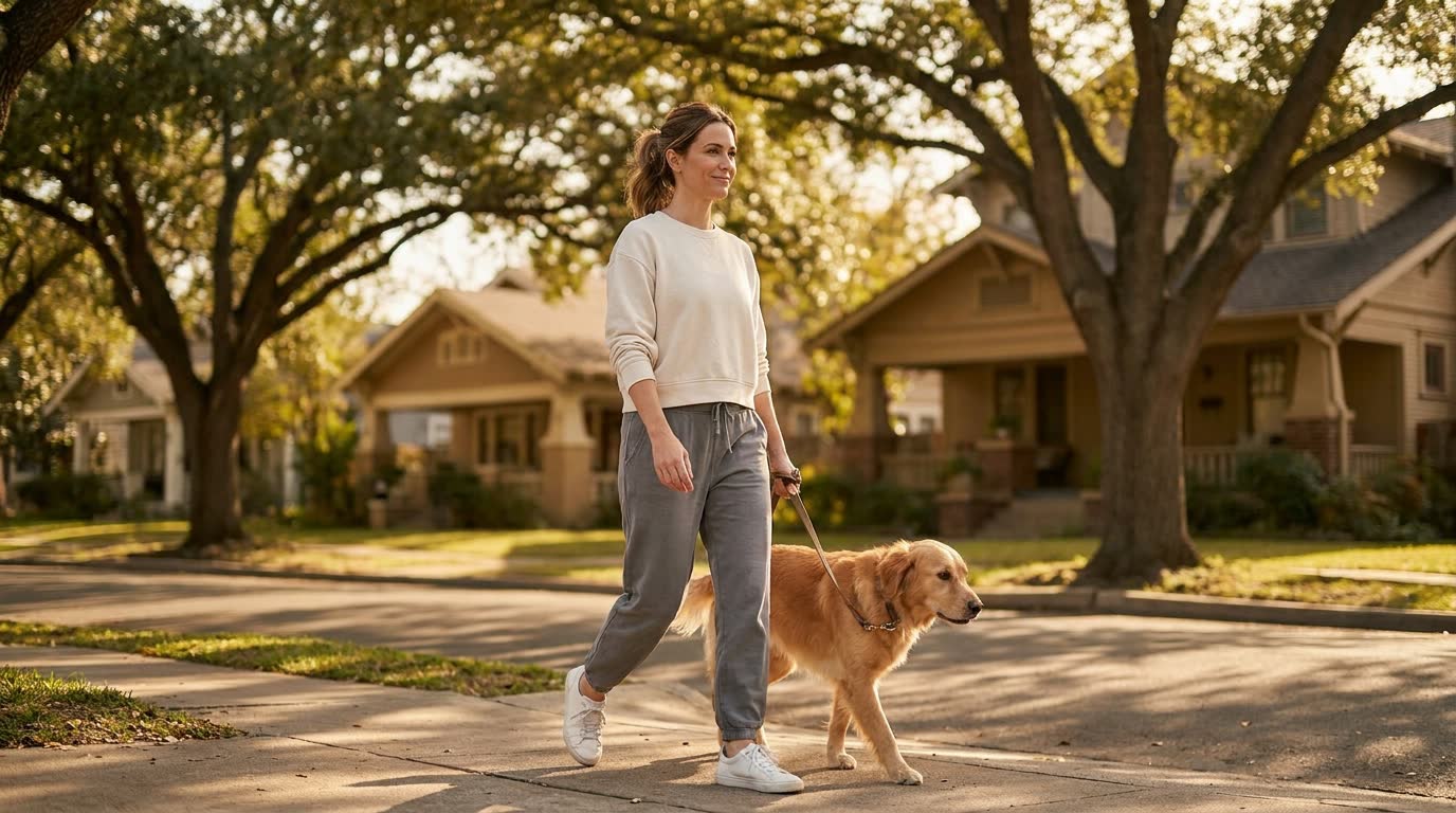A nurse off the clock walking a dog at sunset, no limp