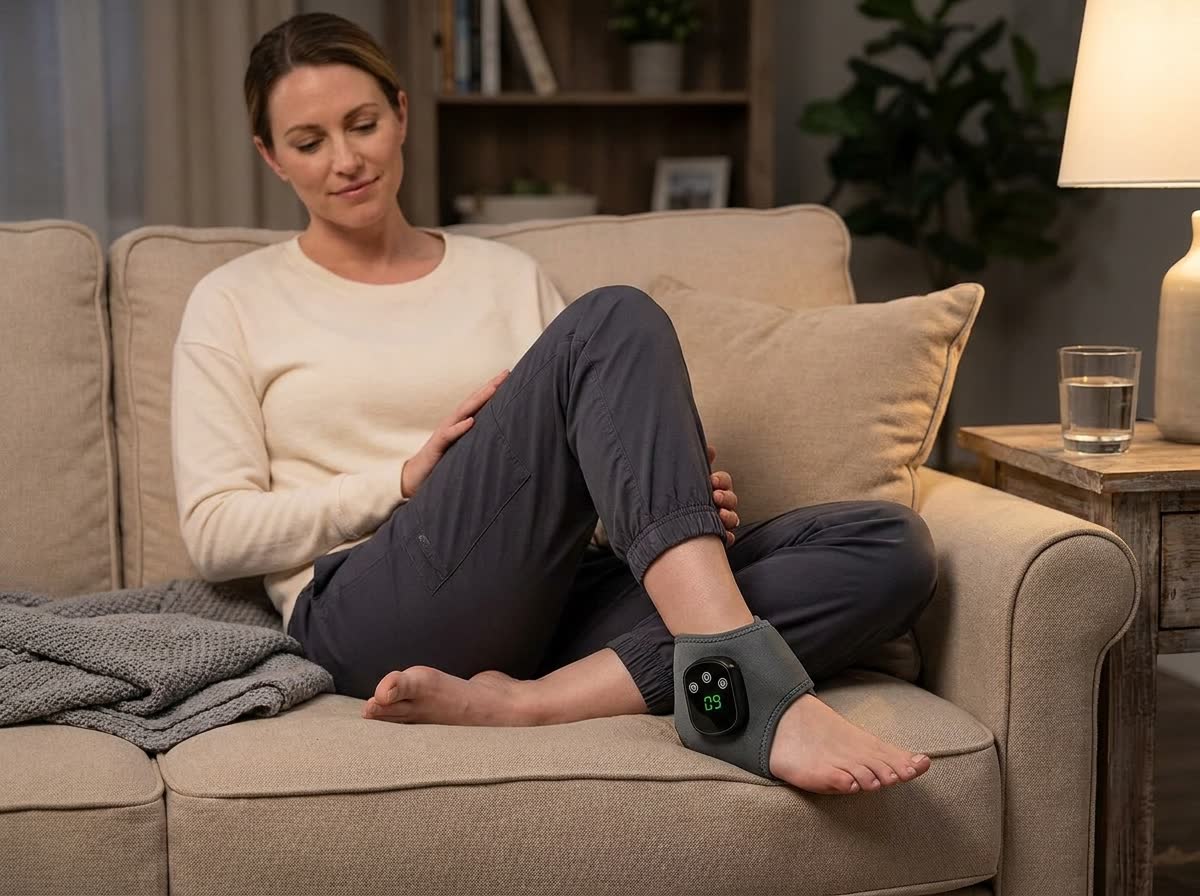 Soleus Foot Therapy System worn on foot, in use