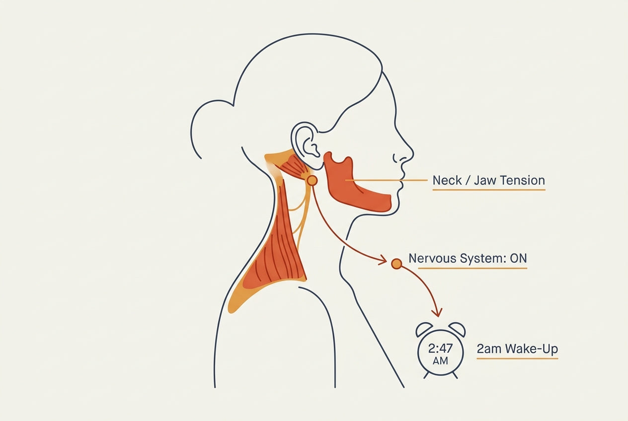 How neck and jaw tension keeps the nervous system switched on and triggers the 2am wake-up