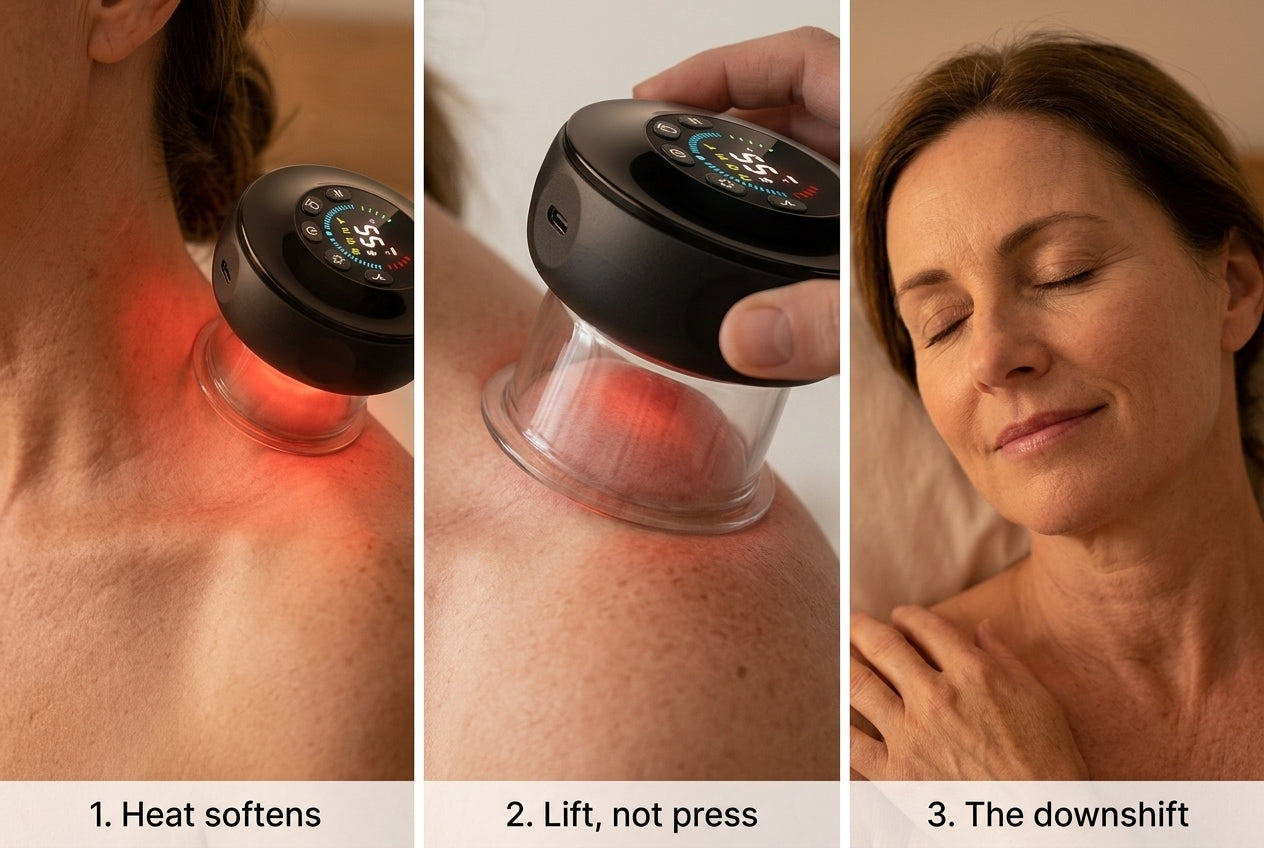 Three-stage mechanism: heat softens, lift not press, the downshift