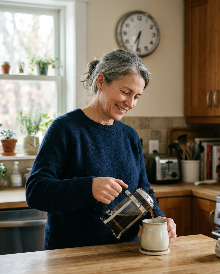 A woman who finally slept through the night, pouring morning coffee