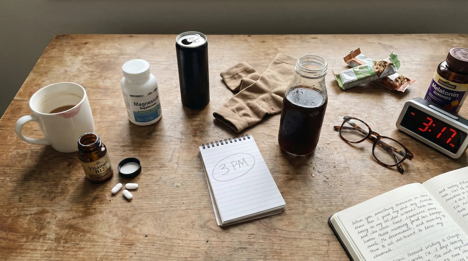 The typical desk drawer of afternoon-crash fixes including coffee, B12, magnesium, energy drinks