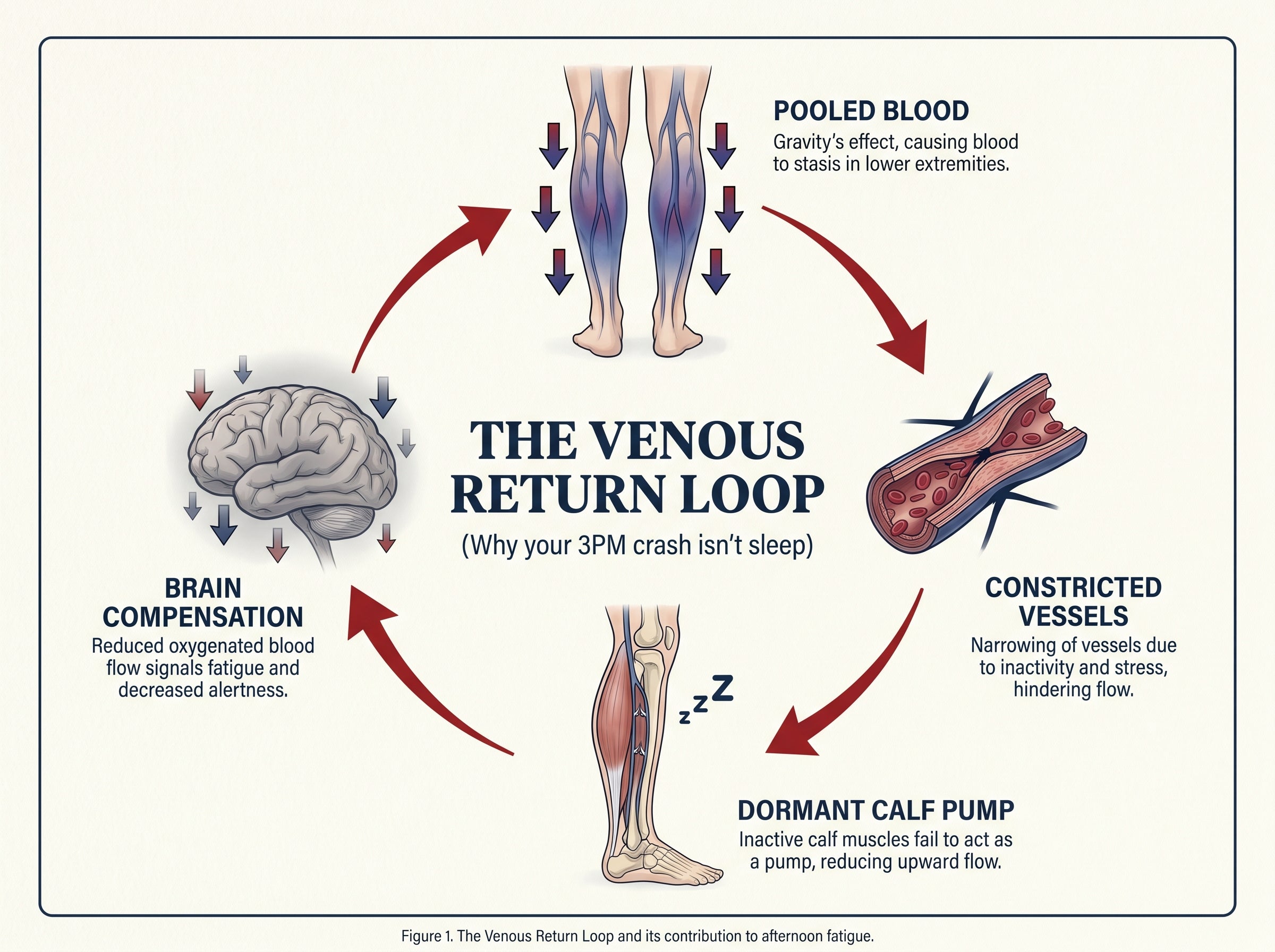 Anatomical diagram of the four-point Venous Return Loop showing pooled blood, restricted vessels, dormant calf pump, and brain compensation