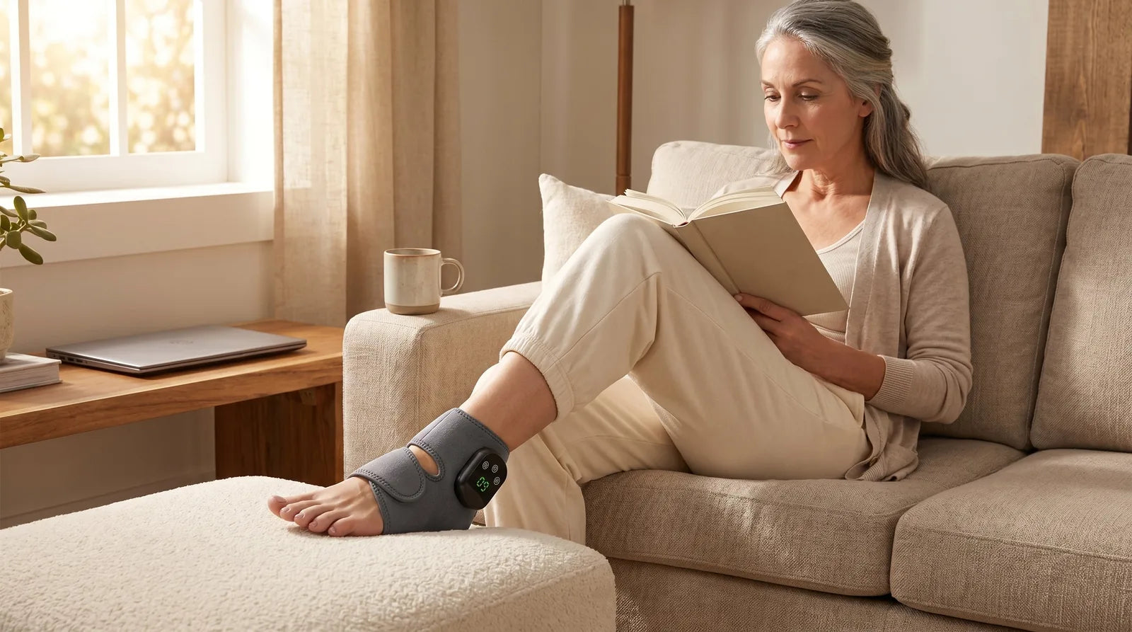 The Soleus Foot Therapy System wrapped around a user's foot and lower leg during an at-home session