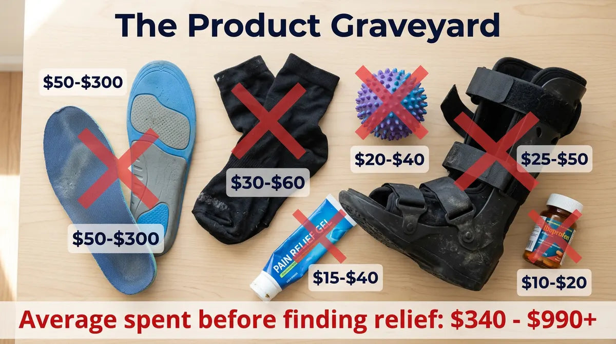 A typical plantar fasciitis product drawer with orthotics, compression socks, night splint, rollers