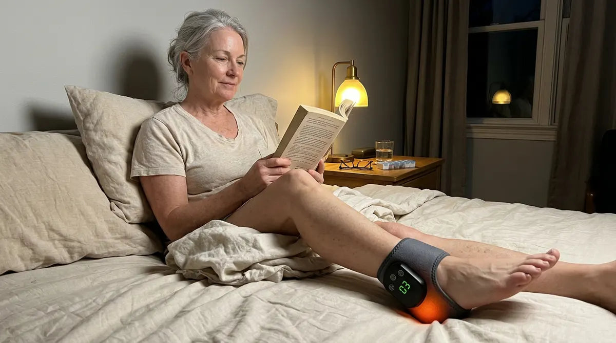 The Comfort Step Foot Therapy System wrapped around a user&rsquo;s foot during an at-home session