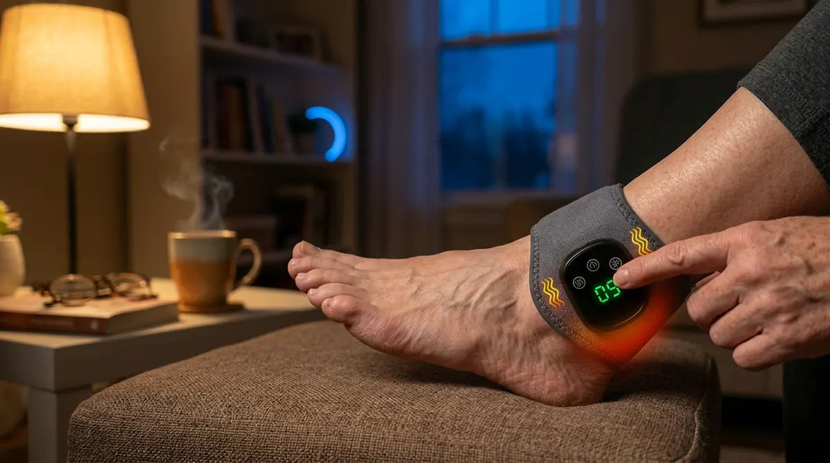 Close-up of Comfort Step device on foot with hand pressing controls, warm evening lighting