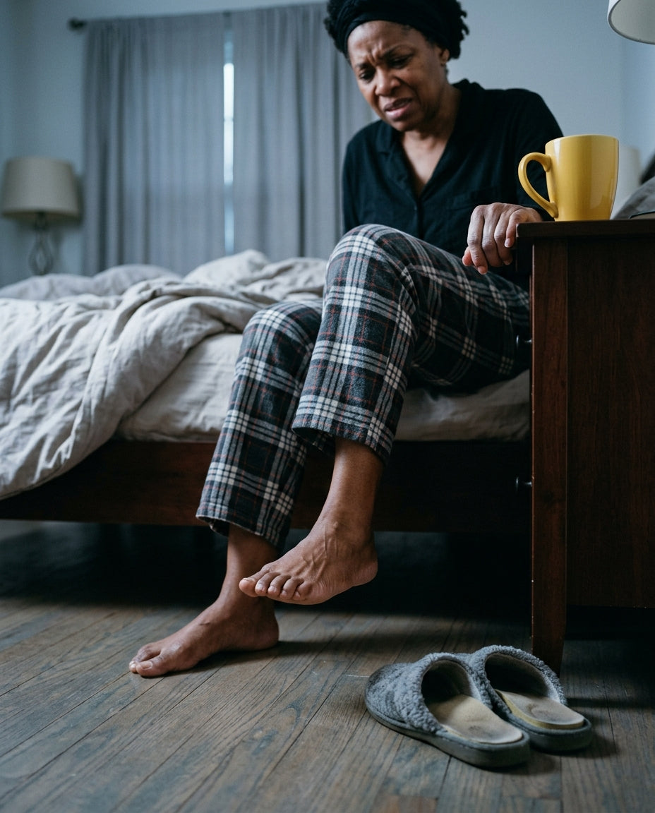 Woman gripping nightstand in pain during first morning step — plantar fasciitis