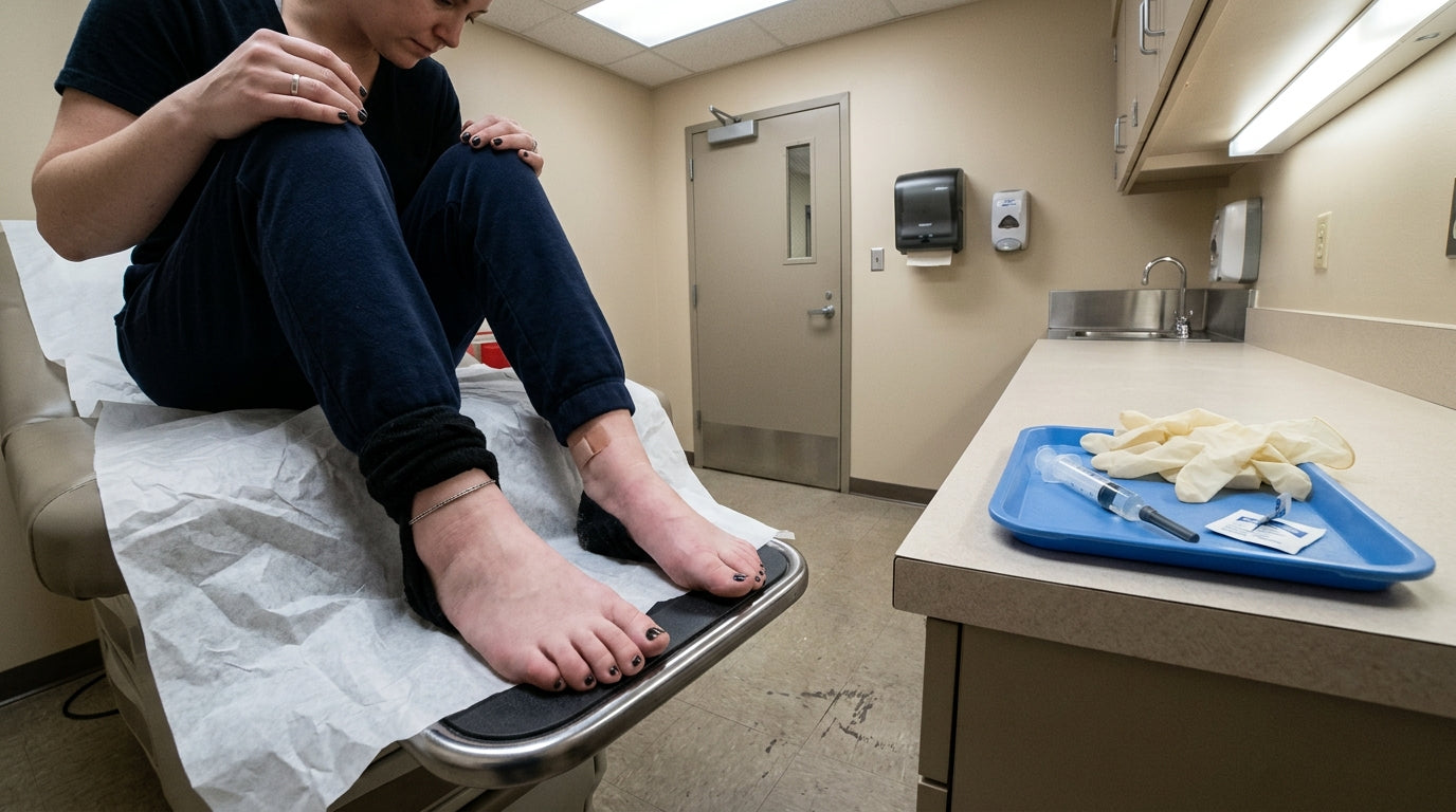 Medical exam room from patient perspective — cortisone injection supplies on counter