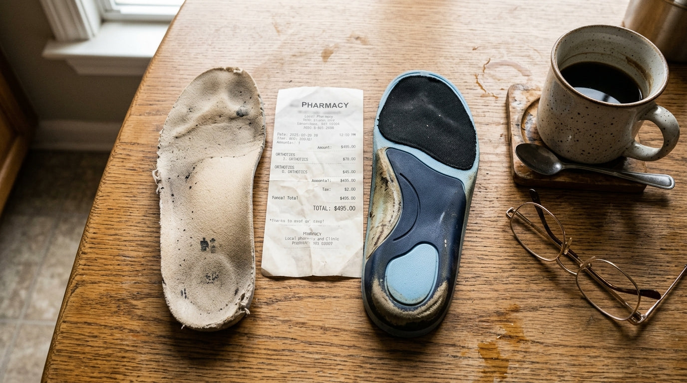 Two orthotic insoles on kitchen table — cheap drugstore vs expensive custom, neither worked