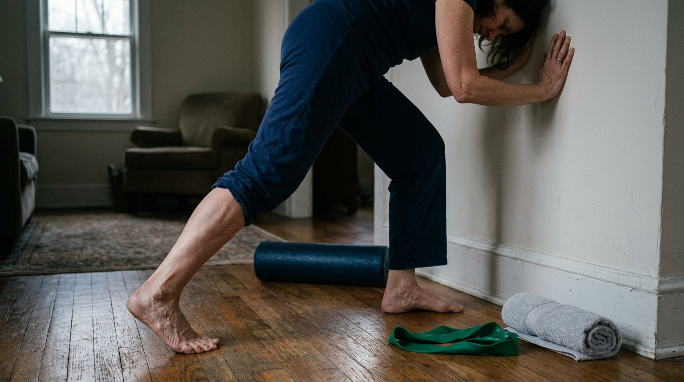 Woman doing calf stretch against wall in pajamas, early morning — plantar fasciitis exercise routine