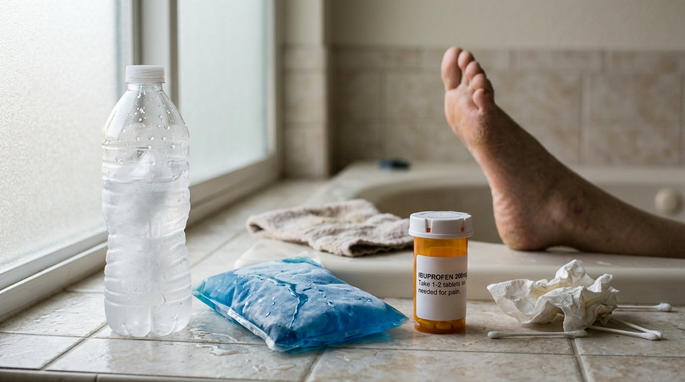 Frozen water bottle, ice pack, and ibuprofen on bathroom counter — failed plantar fasciitis treatment