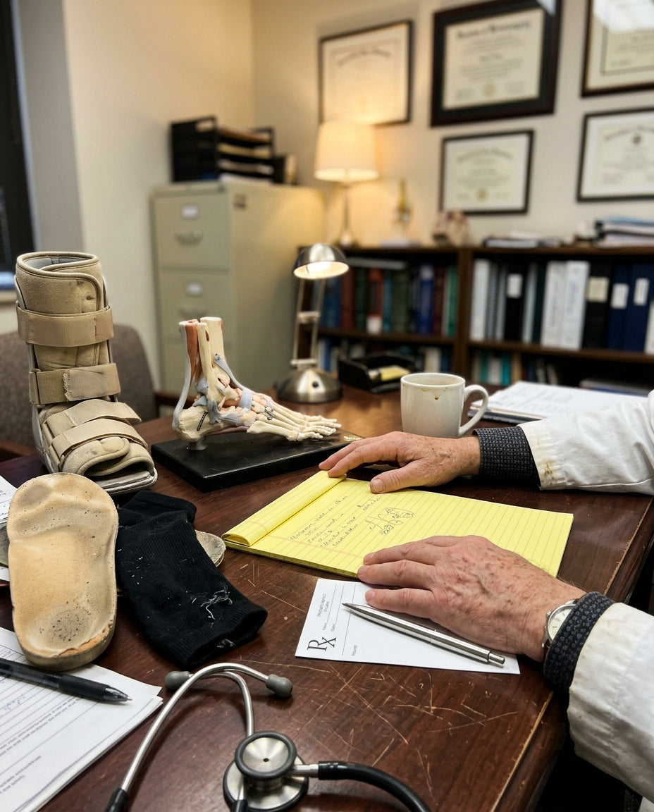 Retired orthopedic surgeon's desk with failed plantar fasciitis treatments