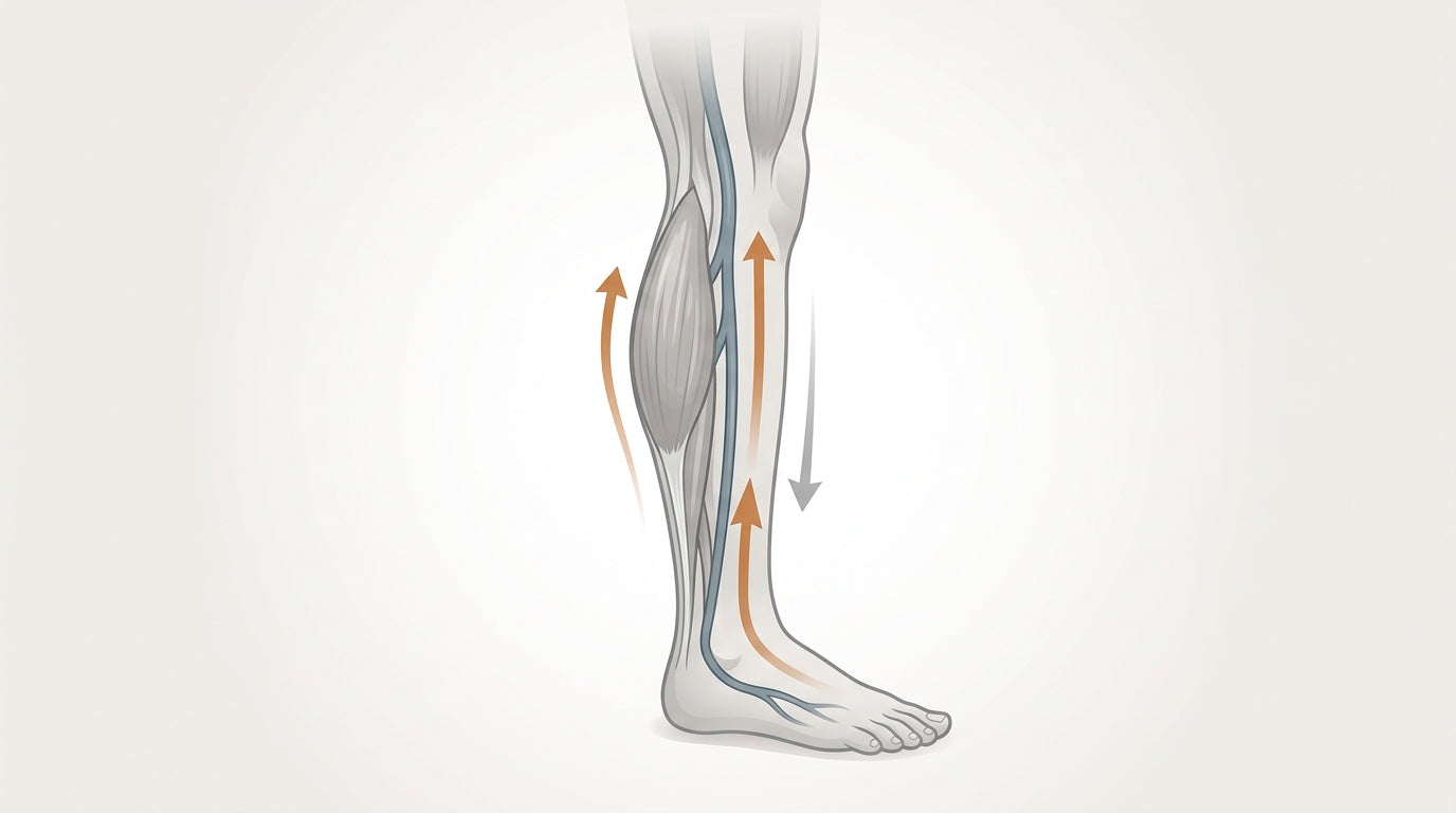 Calf muscle pump pushing blood upward through the deep veins of the lower leg