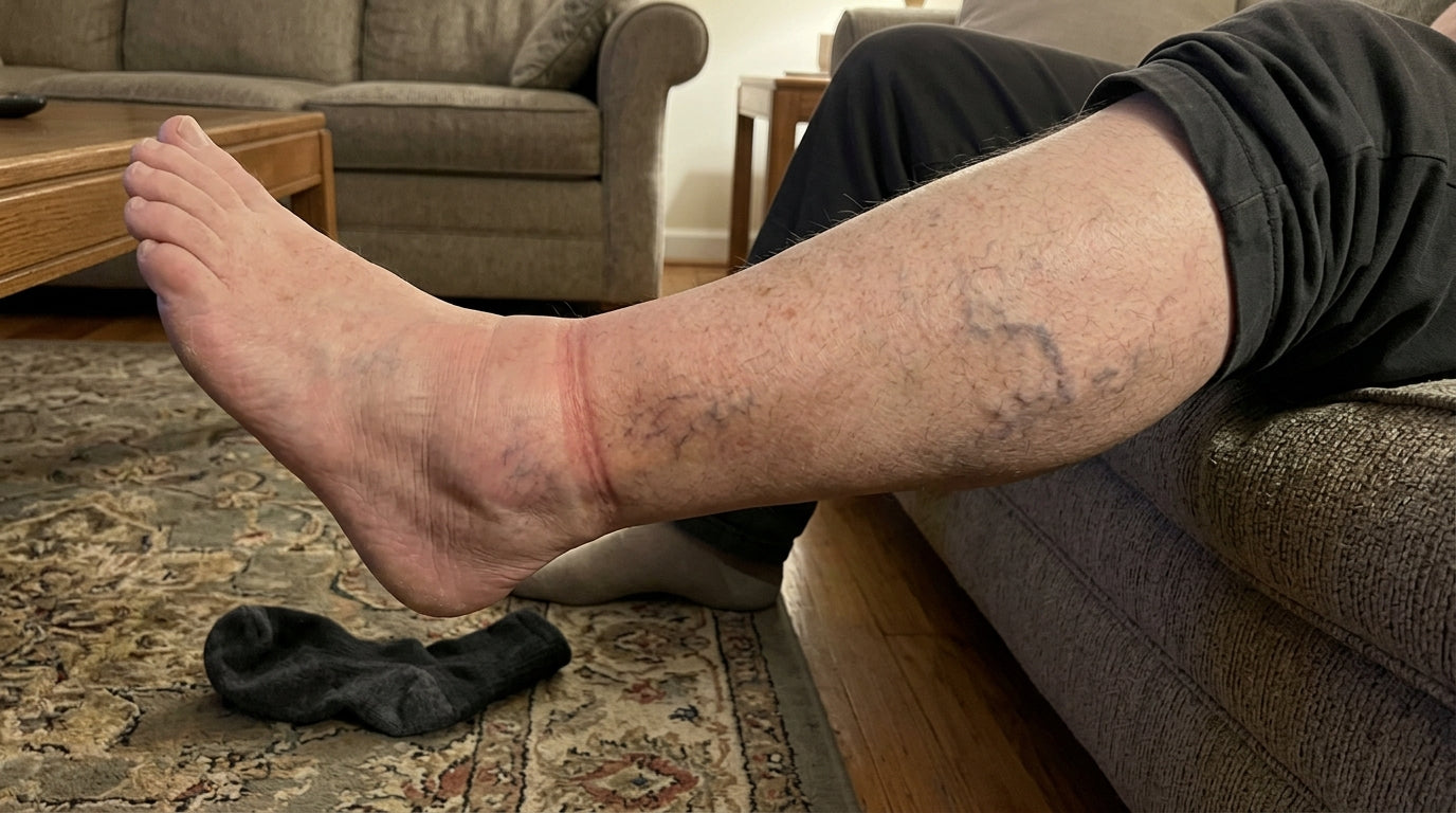 Tired heavy legs and puffy ankles with deep sock rings at the end of a long day