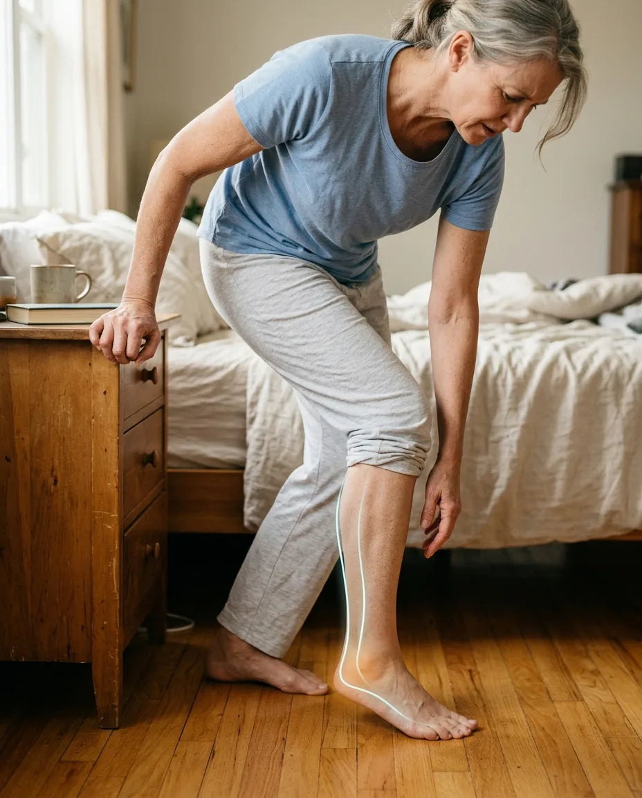 A woman taking her first painful step of the morning, with a subtle calf-to-heel tension line illustrated on her lower leg