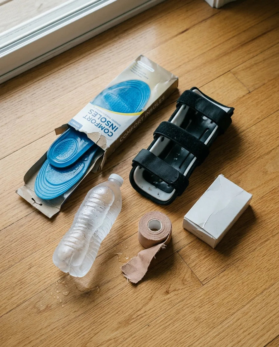 A flat-lay of failed foot treatments: insoles, a night splint, a frozen water bottle, athletic tape, and a medicine box
