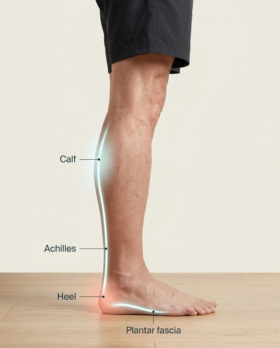 Anatomy diagram showing the gastrocnemius, Achilles tendon, heel bone and plantar fascia as one continuous tension band