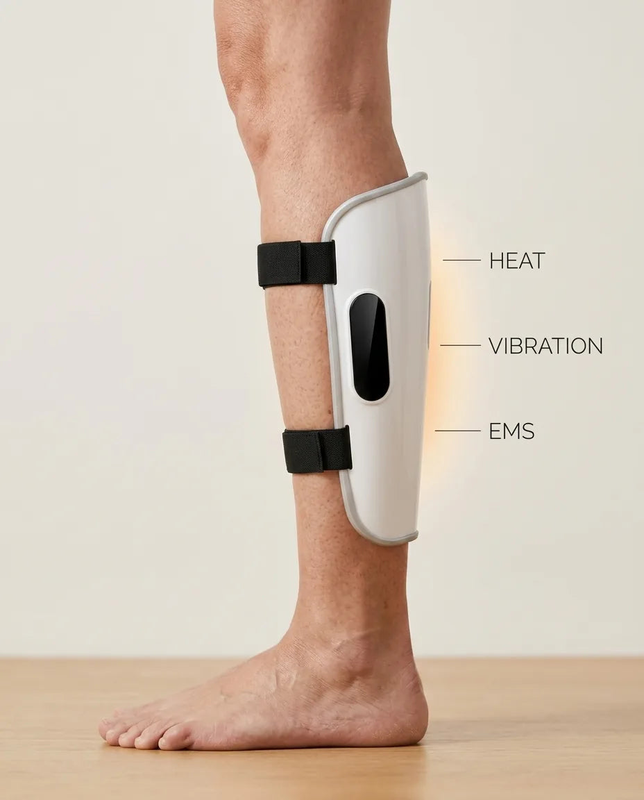 The SOLEUS Calf Therapy Sleeve worn on the back of the calf with heat, vibration, and EMS labels