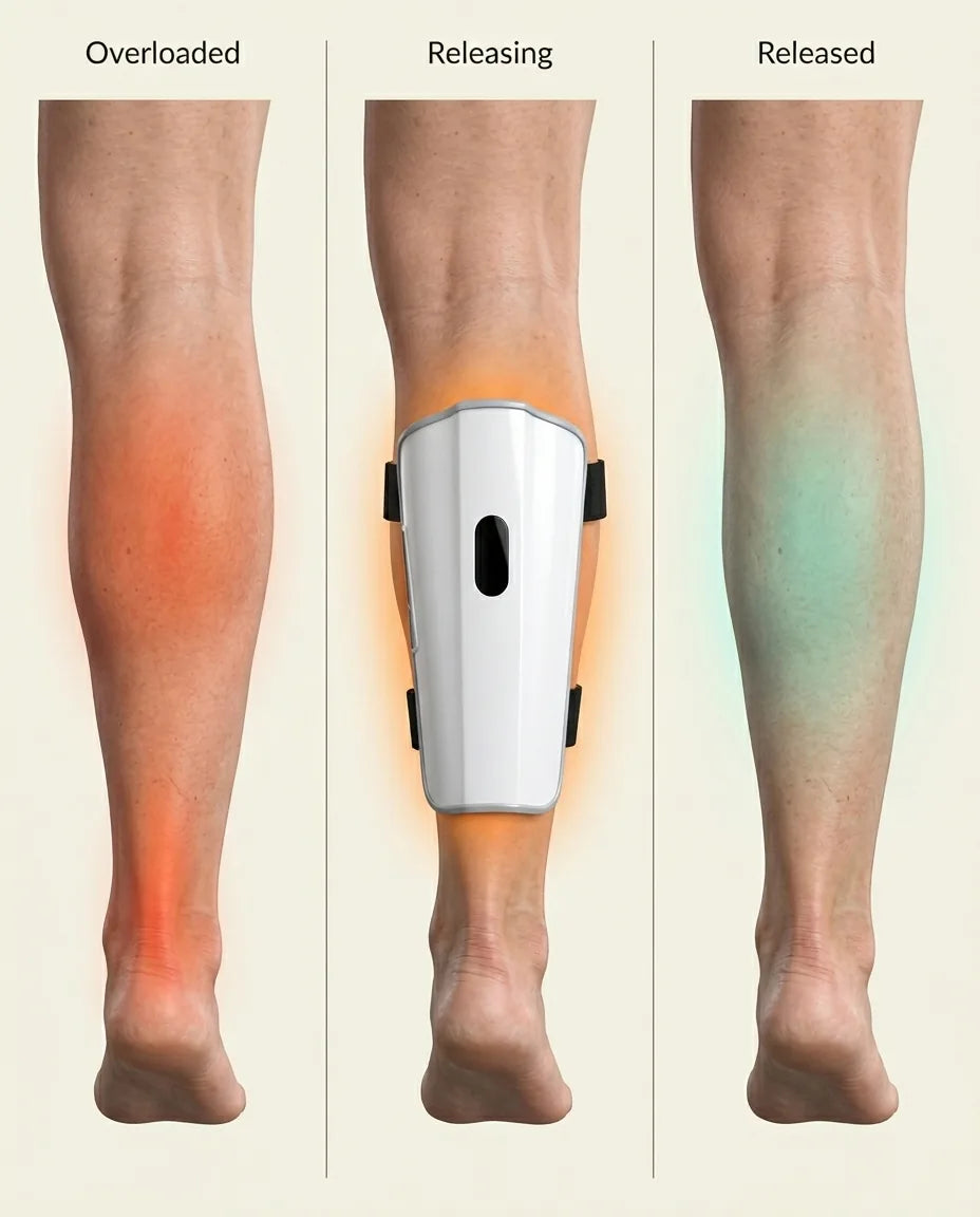 Three-panel diagram: tight calf loading the fascia, the SOLEUS sleeve worn on the calf, and the calf released with reduced fascia load