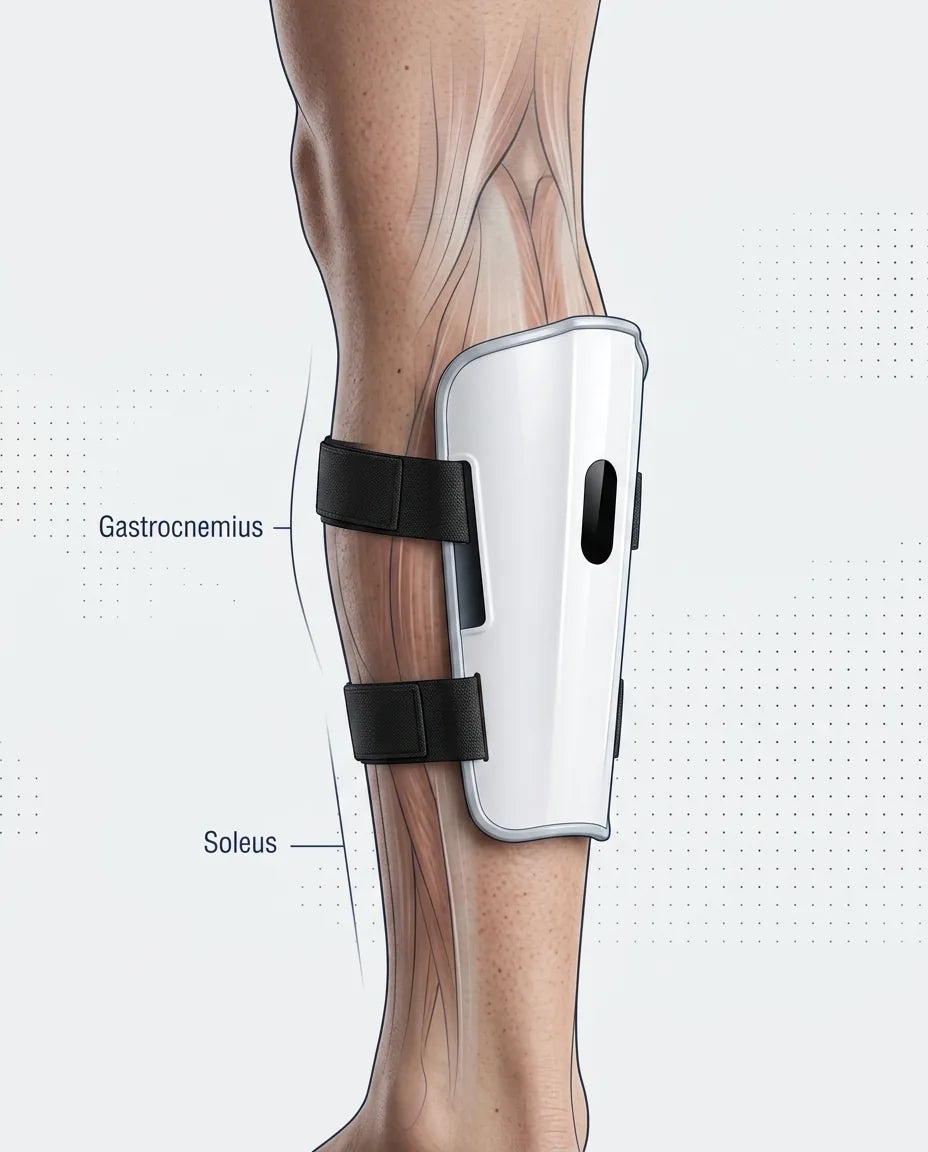 Clinical schematic of the SOLEUS Calf Therapy Sleeve positioned on the posterior calf