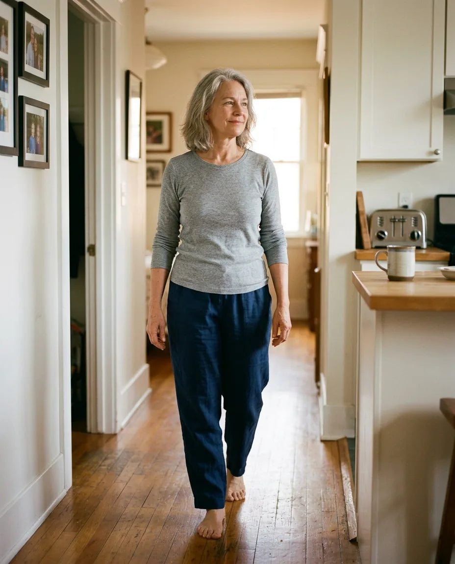 A woman walking freely and confidently from her bedroom to her kitchen in morning light, no hesitation in her stride