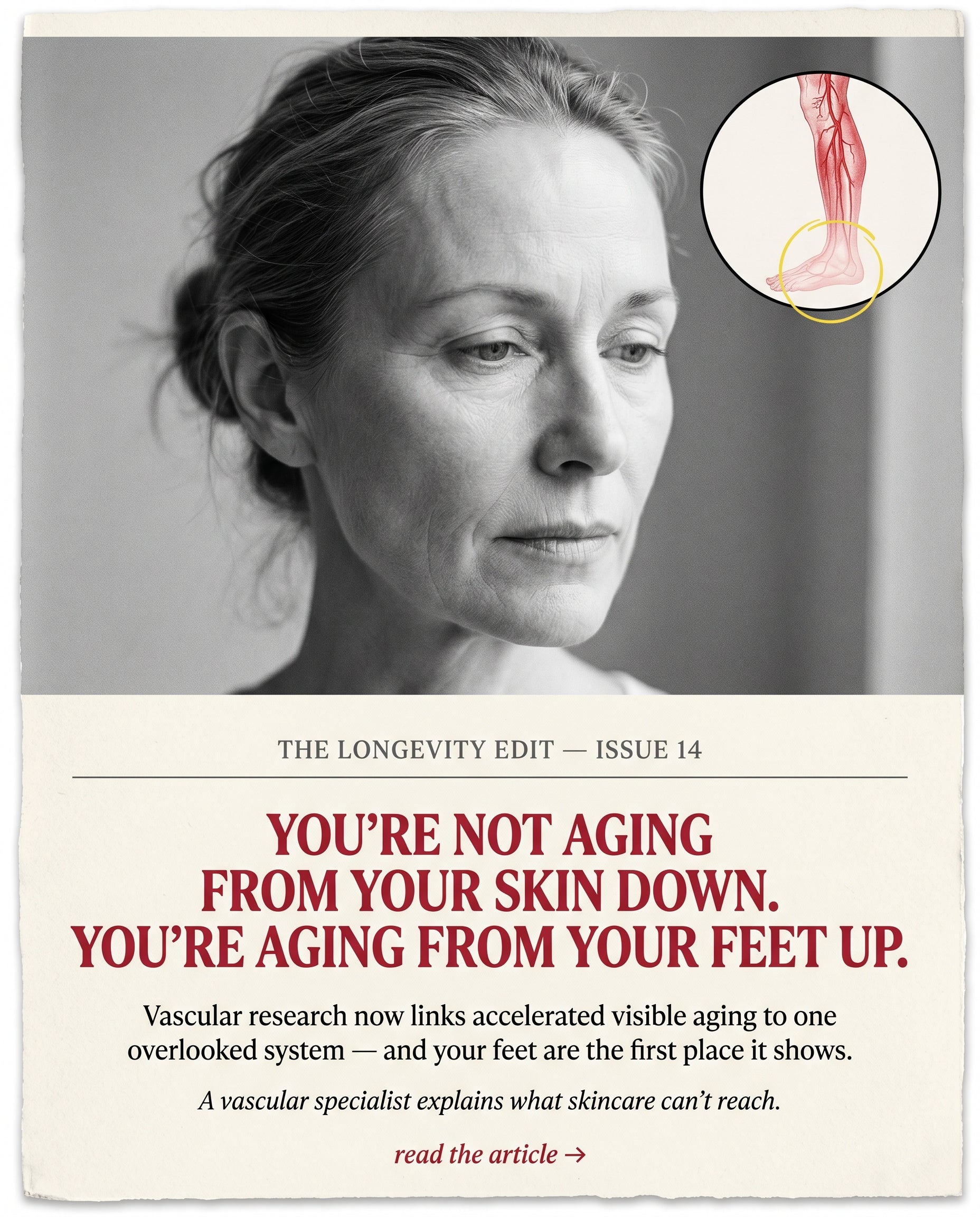 Editorial portrait of a woman in her fifties paired with a small inset showing the fading arterial perfusion gradient in the lower extremities