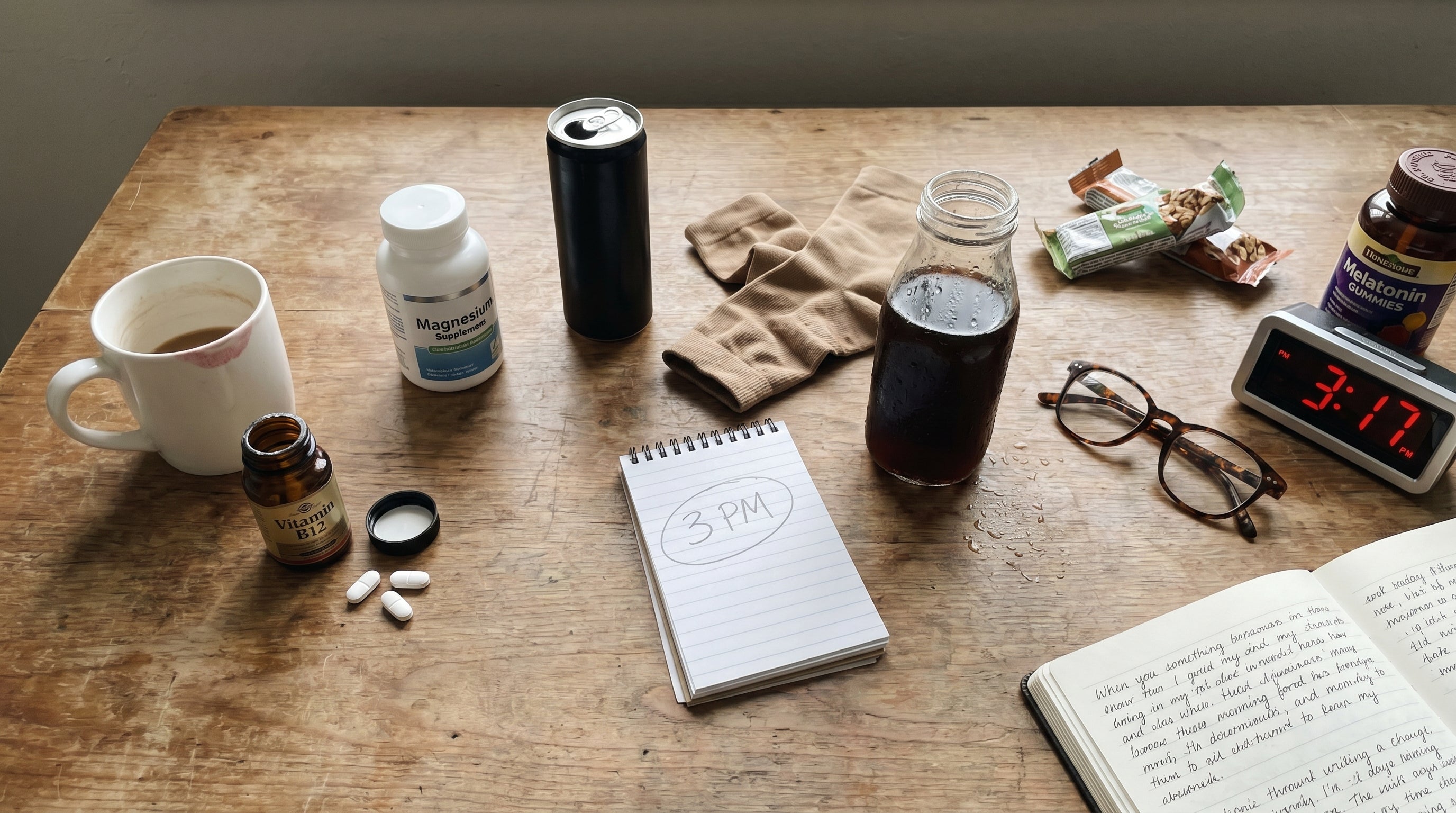 The typical desk drawer of afternoon-crash fixes including coffee, B12, magnesium, energy drinks